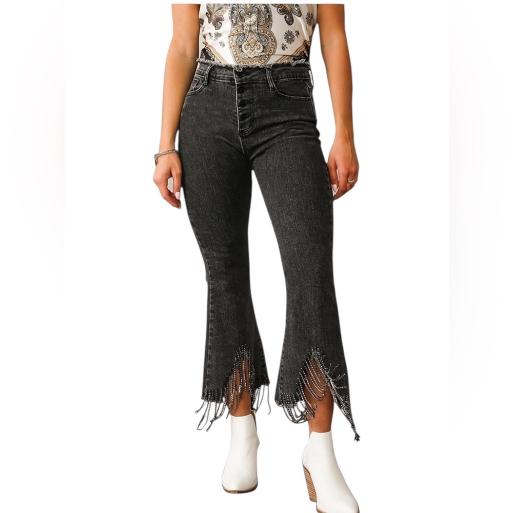EZAPINE Bell Bottom Jeans High Waisted Stretch Rhinestone Fringe Denim Pants